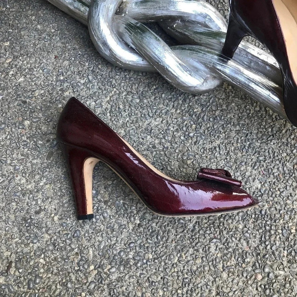 Faconnable Cranberry Red Patent Leather Bow Peep Toe Heels Size 9 - Picture 4 of 9